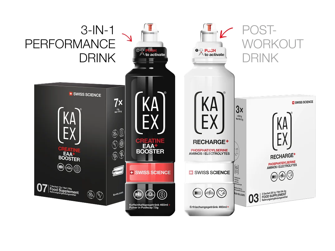 KA-EX black performance drink and white Recharge+ post-workout drink with their packaging